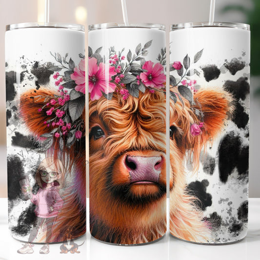 Highland Cow Pink Floral 20oz Tumbler